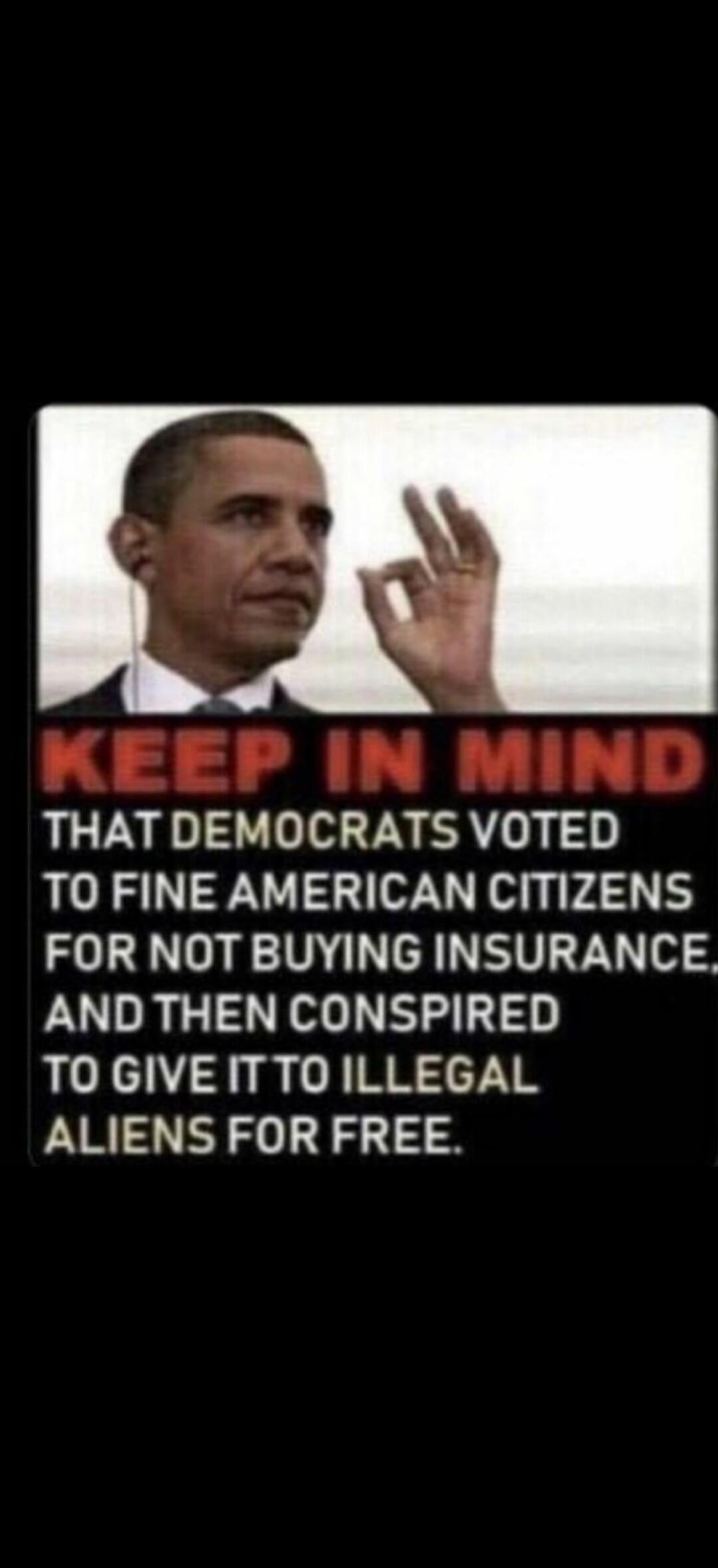 KEEP IN MIND THAT DEMOCRATS VOTED TO FINE AMERICAN CITIZENS FOR NOT BUYING INSURANCE, AND THEN CONSPIRED TO GIVE IT TO ILLEGAL ALIENS FOR FREE.