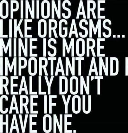 OPINIONS ARE LIKE ORGASMS... MINE IS MORE IMPORTANT AND I REALLY DON'T CARE IF YOU HAVE ONE.