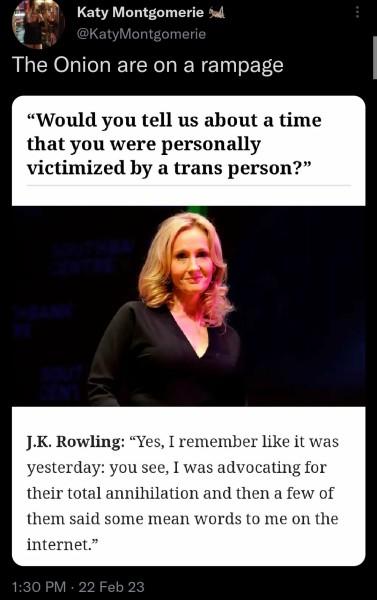 M Katy Montgomerie l L The Onion are on a rampage Would you tell us about a time that you were personally victimized by a trans person JK Rowling Yes I remember like it was you see I was advocating for their total annihilation and then a few of them said some mean words to me on the internet