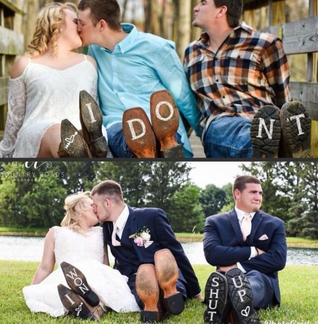 The top image shows a couple kissing with 'I DO' written on their shoes, while a third man looks away with 'DON'T' on his shoes. The bottom image shows the same couple, now married, kissing with 'I WON' on their shoes, and the third man looking even more annoyed with 'SHUT UP' on his shoes.
