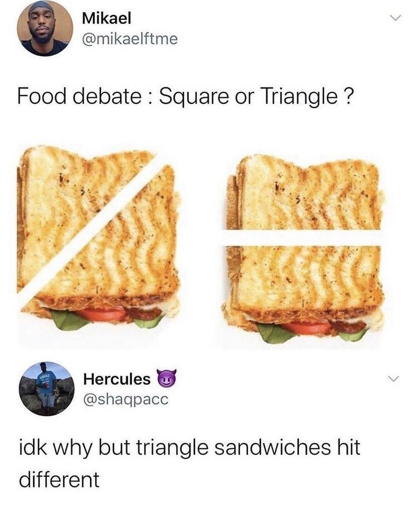 Mikael mikaelftme Food debate Square or Triangle Hercules shagpacc idk why but triangle sandwiches hit different