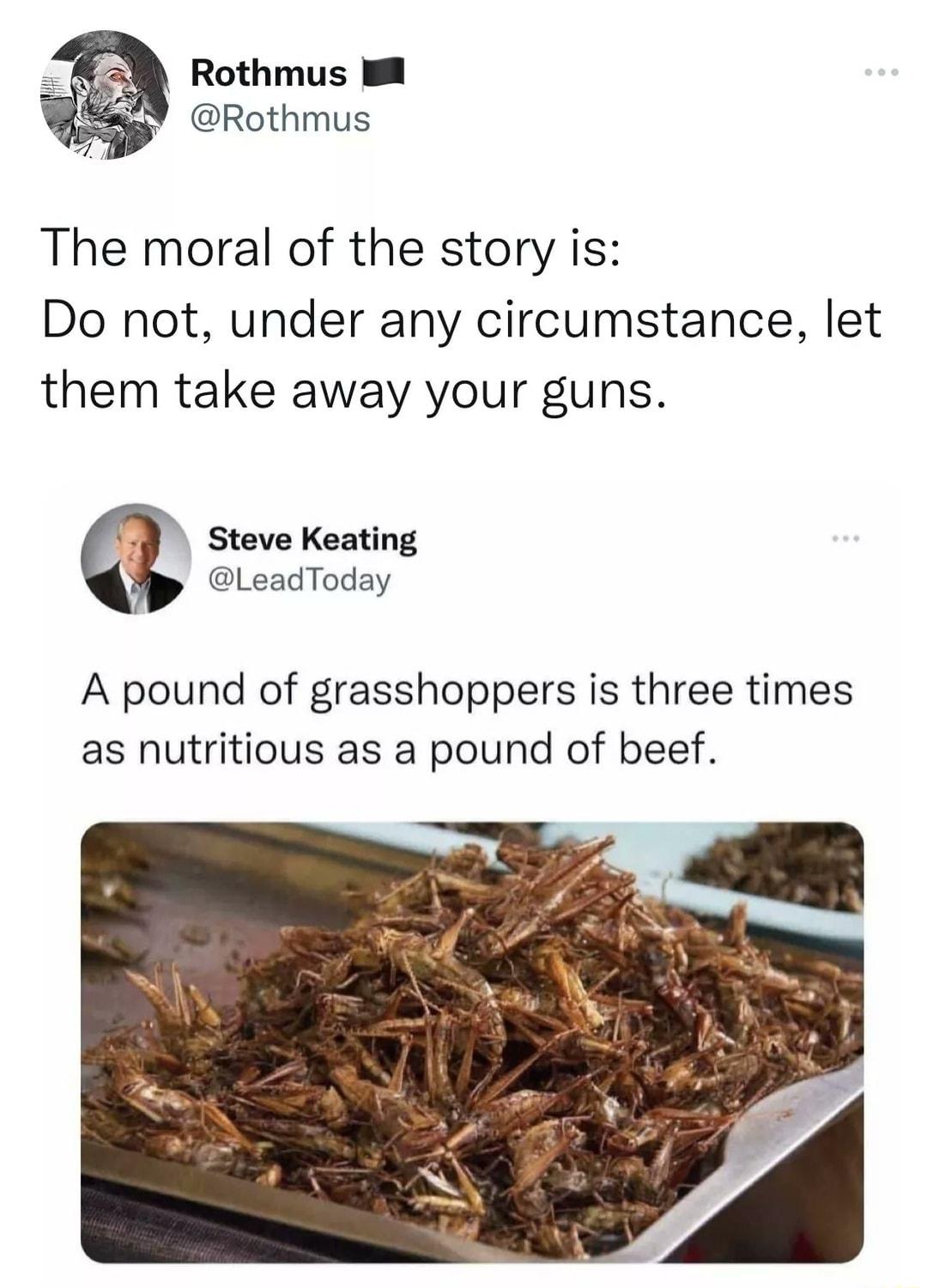 Rothmus Rothmus 7 The moral of the story is Do not under any circumstance let them take away your guns Steve Keating LeadToday A pound of grasshoppers is three times as nutritious as a pound of beef