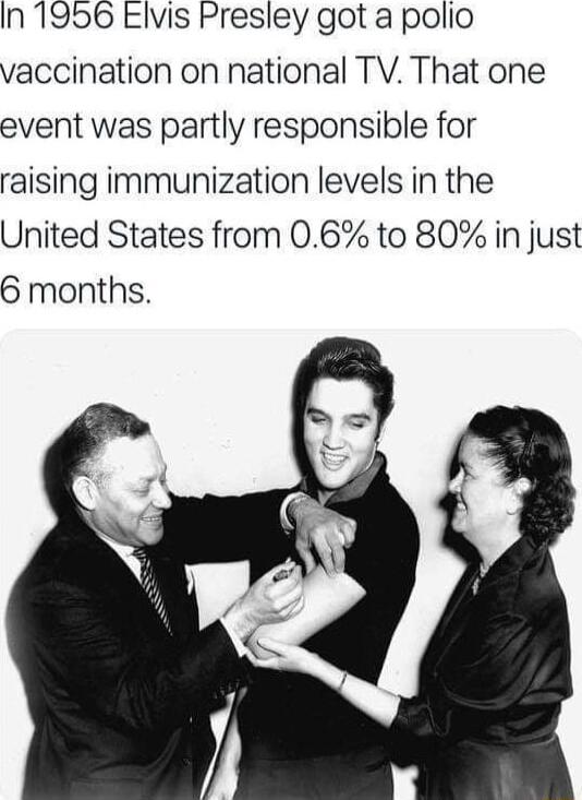 IN 1956 Elvis Presley got a polio vaccination on national TV That one event was partly responsible for raising immunization levels in the United States from 06 to 80 in just 6 months