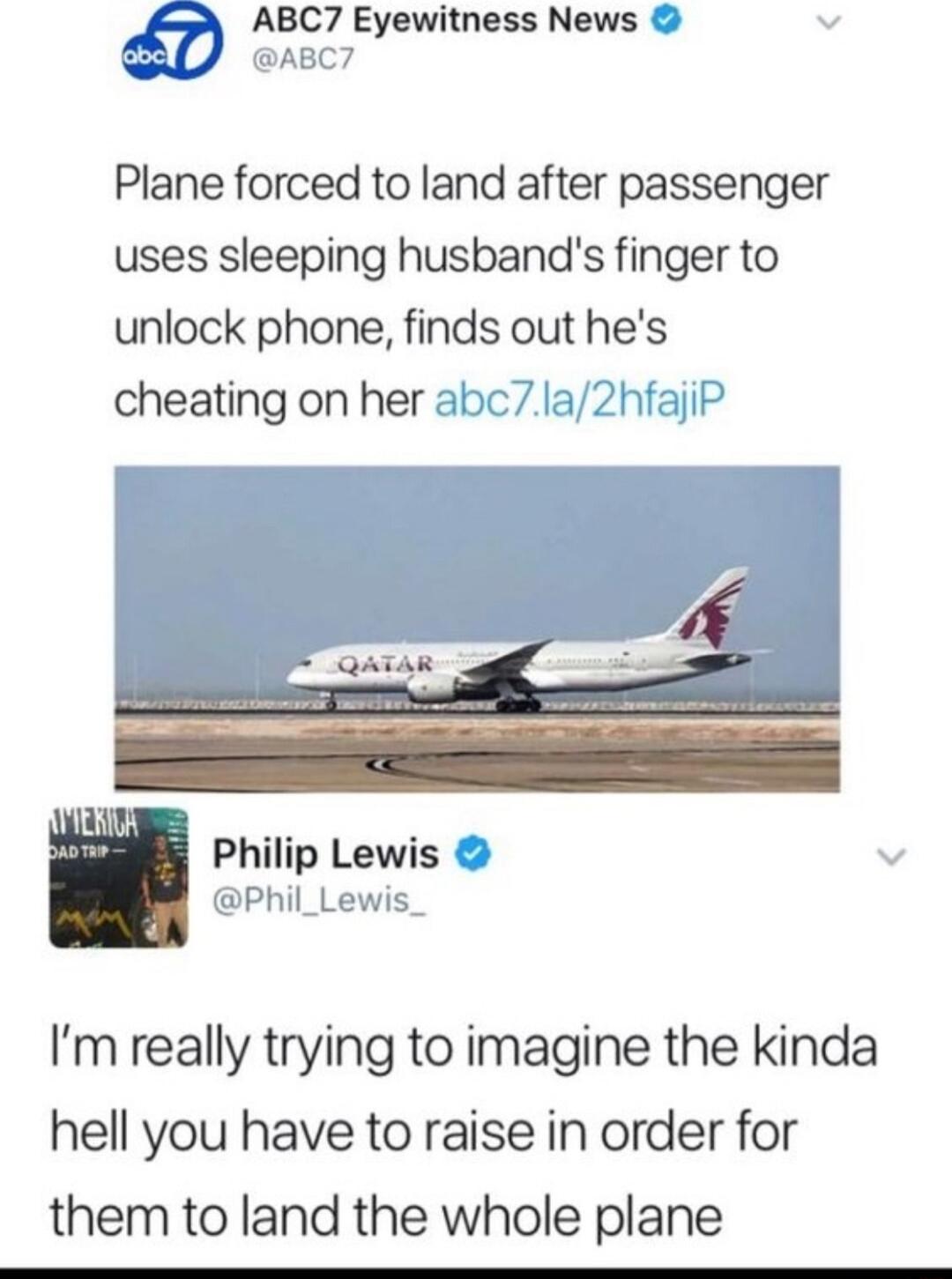 ABC7 Eyewitness News oo ABC7 Plane forced to land after passenger uses sleeping husbands finger to unlock phone finds out hes cheating on her at a2hfajiP Philip Lewis Phil_Lewis Im really trying to imagine the kinda hell you have to raise in order for them to land the whole plane