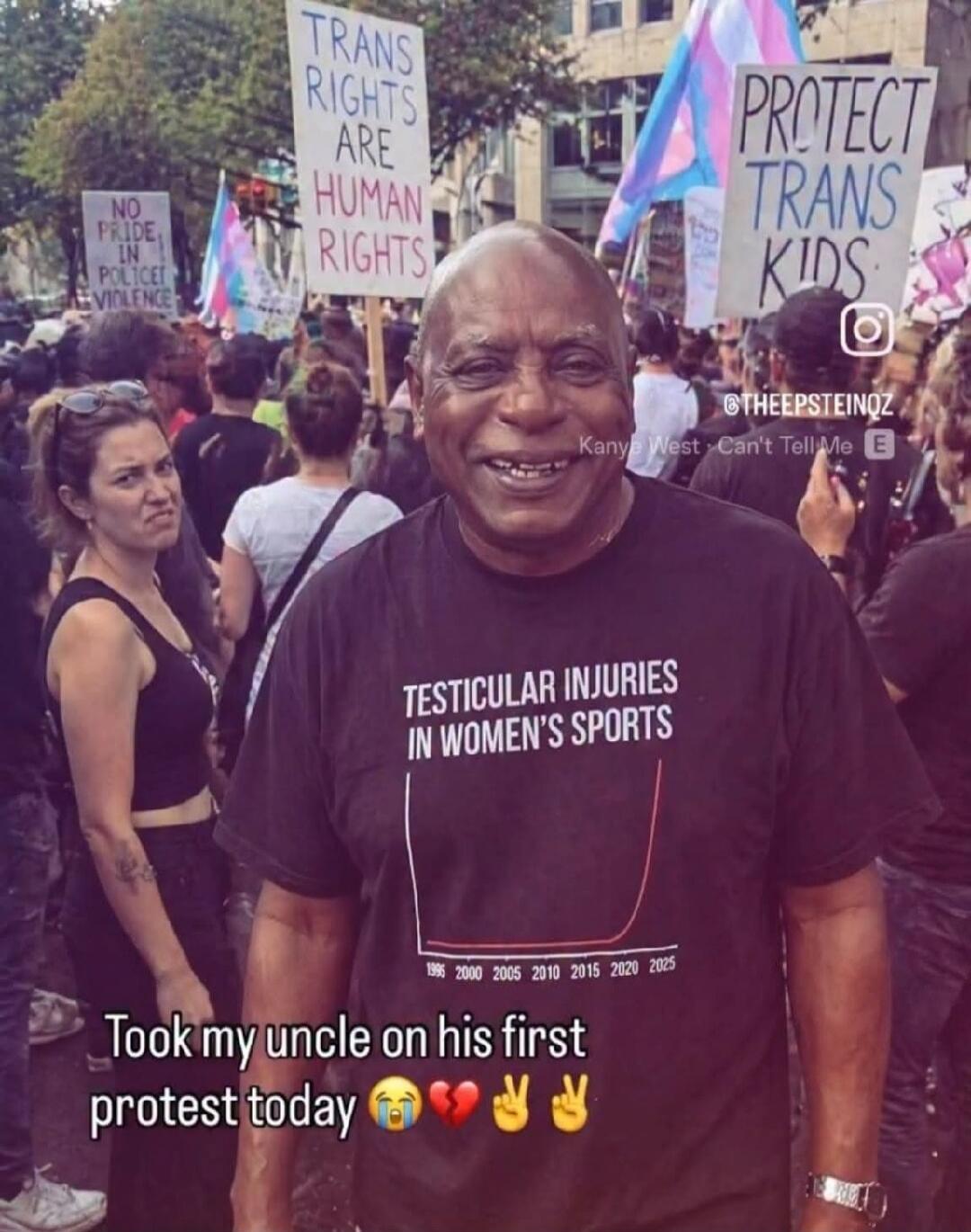 TRANS RIGHTS ARE HUMAN RIGHTS. PROTECT TRANS KIDS. NO PRIDE IN POLICE VIOLENCE. TESTICULAR INJURIES IN WOMEN'S SPORTS. Took my uncle on his first protest today.