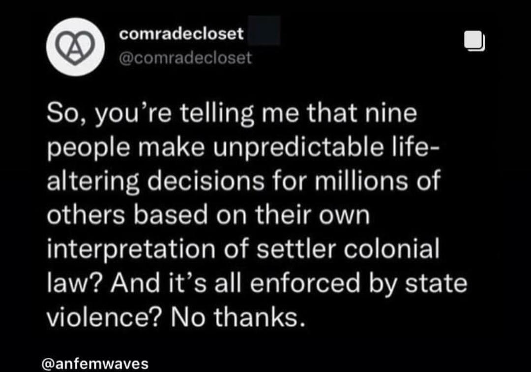 comradecloset Te So youre telling me that nine people make unpredictable life altering decisions for millions of QUETCRELE N RG interpretation of settler colonial law And its all enforced by state WA NR GELTEN Py Ae