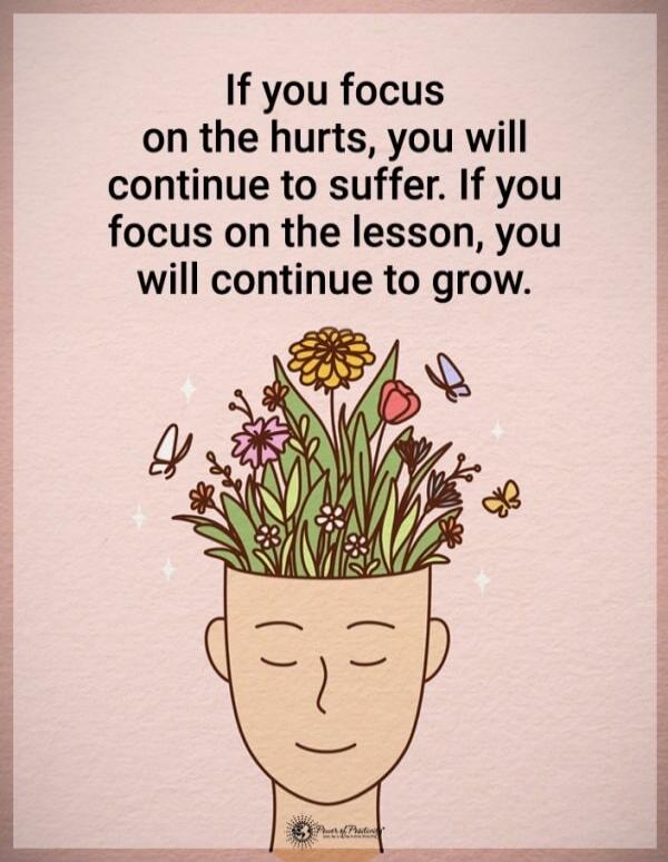 If you focus on the hurts, you will continue to suffer. If you focus on the lesson, you will continue to grow.