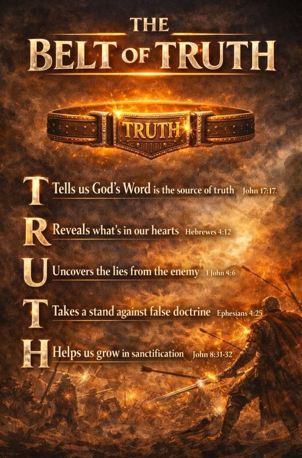 THE BELT OF TRUTH. TRUTH. T: Tells us God's Word is the source of truth John 17:17. R: Reveals what's in our hearts Hebrews 4:12. U: Uncovers the lies from the enemy 1 John 4:6. T: Takes a stand against false doctrine Ephesians 4:25. H: Helps us grow in sanctification John 8:31-32.