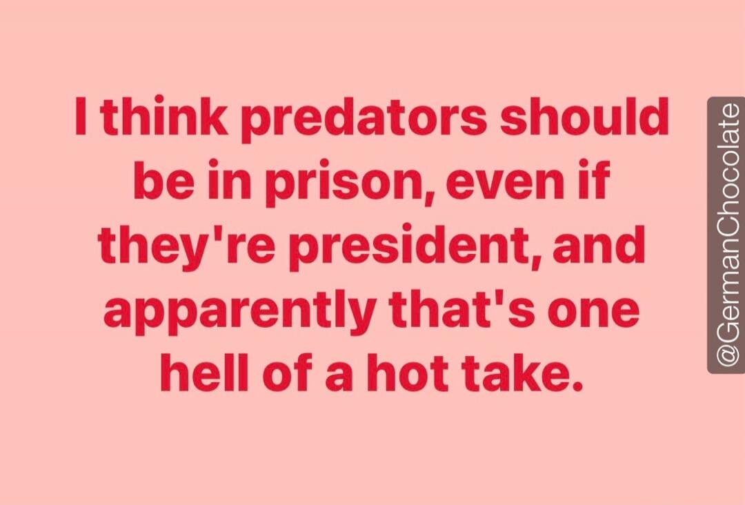I think predators should be in prison, even if they're president, and apparently that's one hell of a hot take. @GermanChocolate