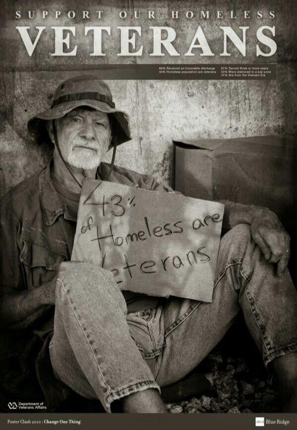 SUPPORT OUR HOMELESS VETERANS 89% Received an honorable discharge 67% Served three or more years 33% Were stationed in a war zone 43% Homeless population are veterans 47% Are from the Vietnam Era 43% of Homeless are Veterans Department of Veterans Affairs Poster Clash 2010 | Change One Thing ARCA Blue Ridge