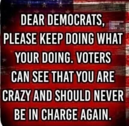 DEAR DEMOCRATS, PLEASE KEEP DOING WHAT YOUR DOING. VOTERS CAN SEE THAT YOU ARE CRAZY AND SHOULD NEVER BE IN CHARGE AGAIN.