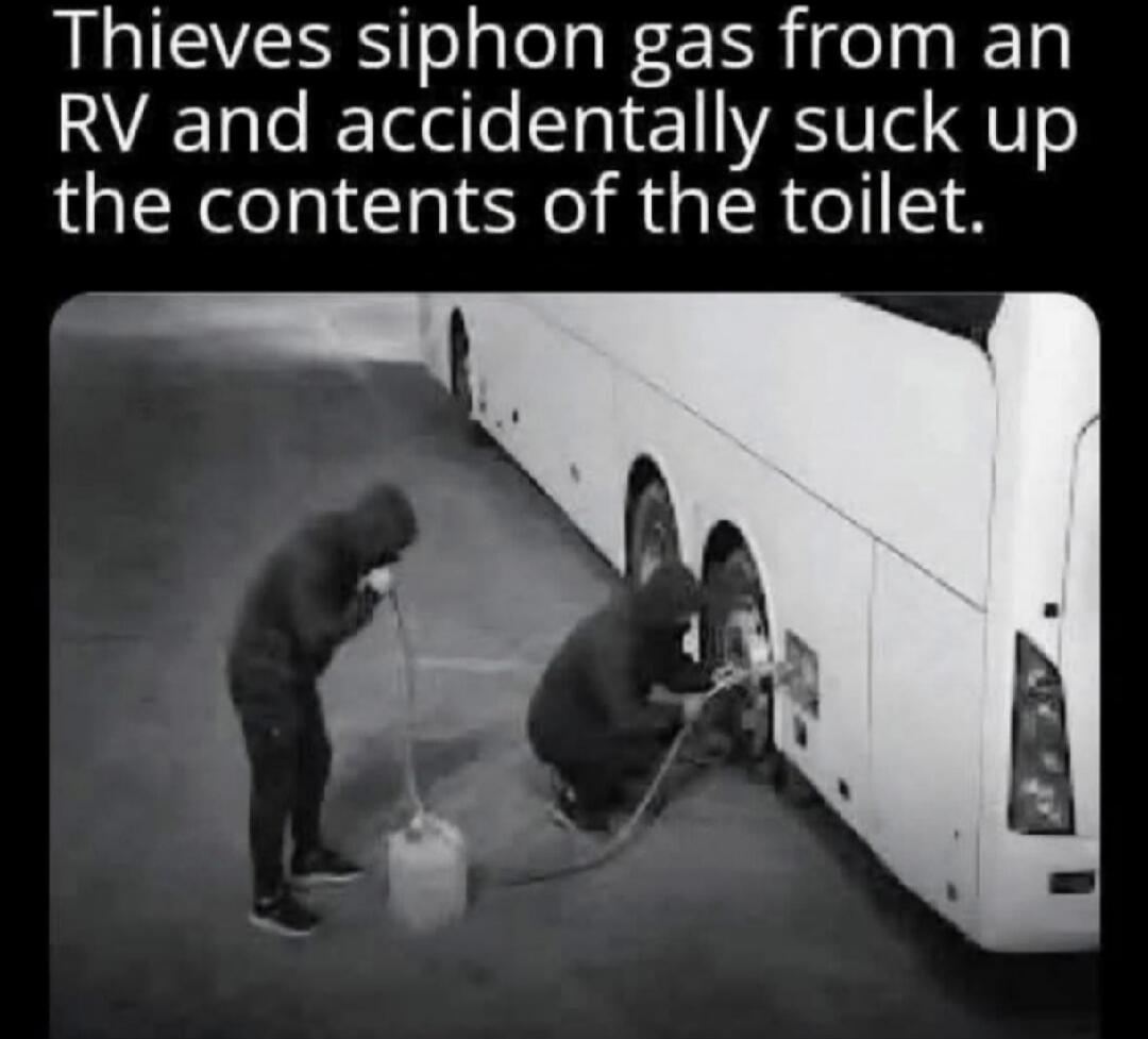 Thieves siphon gas from an RV and accidentally suck up the contents of the toilet.