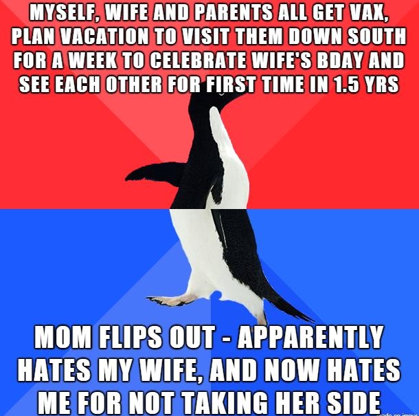 MYSELFWIFEAND PARENTSALL GET VAKX PLANVACATIONTOVISIT THEM DOWNSOUTH FORAWEEKTOCELEBRATE WIFES BDAY AND SEE EACH OTHERFORFIRST TIMEIN15 YRS MOM FLIPSOUT APPARENTLY HATESMY WIEE AND NOW HATES MEFOR NOT TAKING HER SIDE