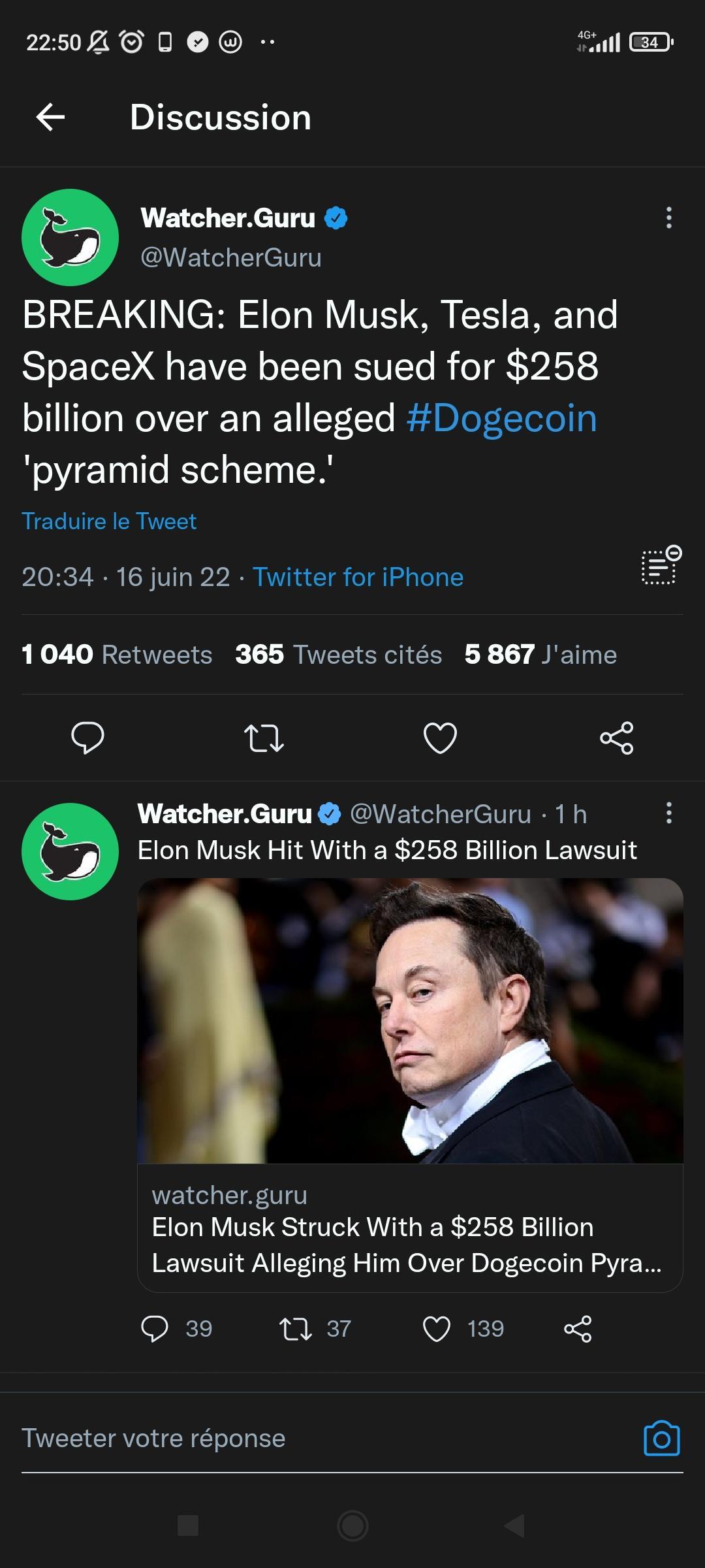 RGO NN NOREE Sl D Discussion V1 T AT TR WatcherGuru R1RVAN U N CE e T WY VES o TS Yoo SpaceX have been sued for 258 o Tela WV r To W 11 ET 1To EcaBIeTCTotol Ny pyramid scheme Traduire le Tweet 2034 16 juin 22 Twitter for iPhone 1040 Retweets 365 Tweets cits B 867 Jaime 0 V o WatcherGuru atcherGuru 1h Elon Musk Hit With a 258 Billion Lawsuit watcherguru Elon Musk Struck With a 258 Billion VST AN T0