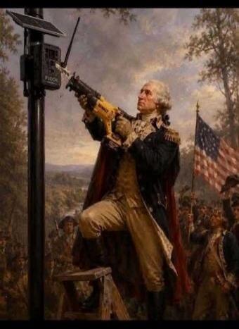 George Washington using a modern power tool, specifically a reciprocating saw, to cut down a surveillance camera mounted on a pole. The camera has 'FLOCK' written on it. An American flag is visible in the background, along with other historical figures.