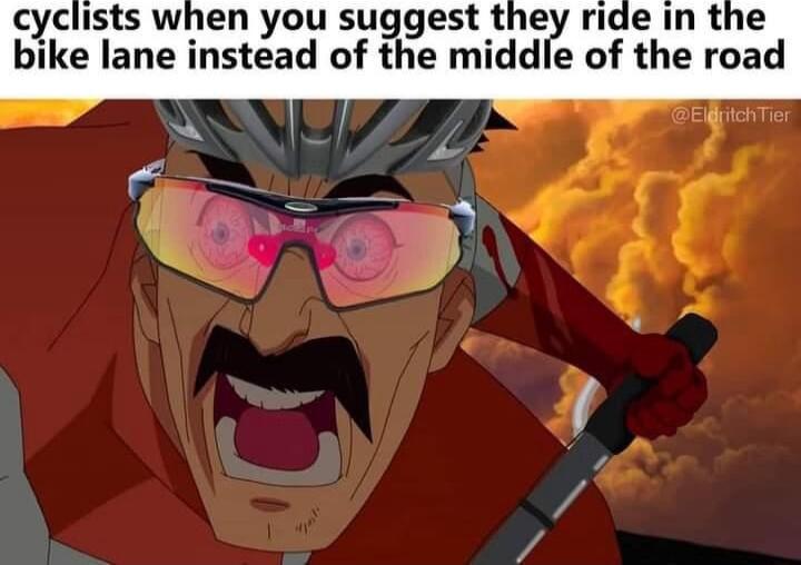 cyclists when you suggest they ride in the bike lane instead of the middle of the road