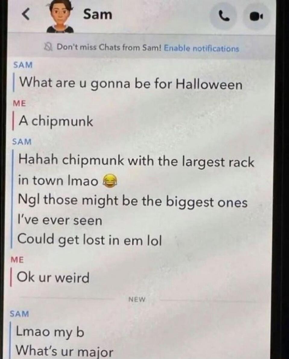 SAM: What are u gonna be for Halloween
ME: A chipmunk
SAM: Hahah chipmunk with the largest rack in town lmao 🤣 Ngl those might be the biggest ones I've ever seen
Could get lost in em lol
ME: Ok ur weird

NEW
SAM: Lmao my b
What’s ur major
