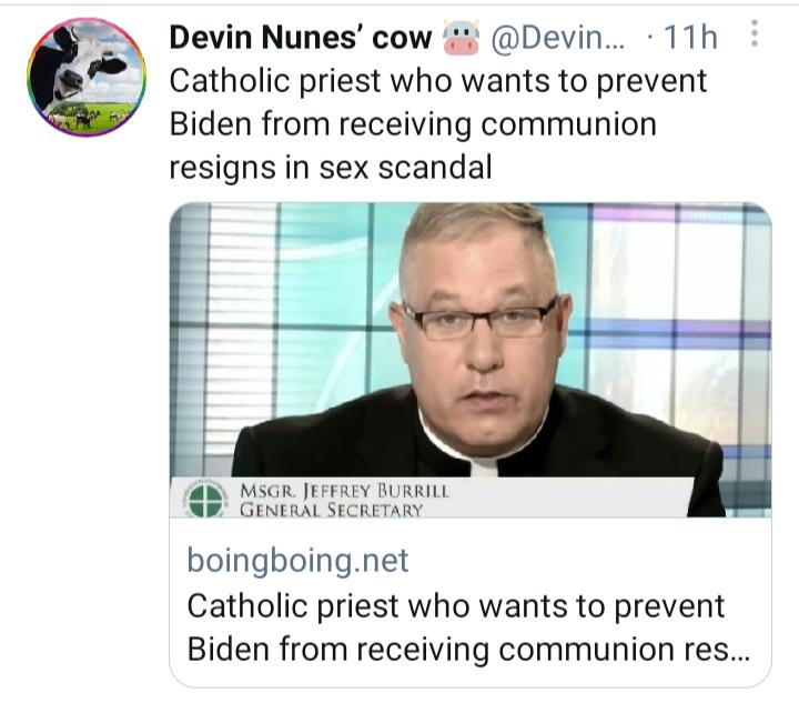 Devin Nunes cow Devin 11h Catholic priest who wants to prevent Biden from receiving communion resigns in sex scandal MSGR JEFFREY BURRILL GENERAL SECRETARY boingboingnet Catholic priest who wants to prevent Biden from receiving communion res