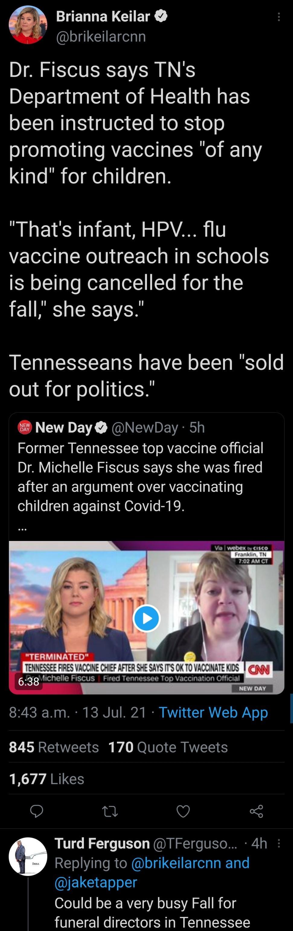 CNEWNEY GHETE LJLGIEey Dr Fiscus says TNs DL E il Mo B EENGNET LTI I g CTo R o RS o0 promoting vaccines of any kind for children Thats infant HPV flu vaccine outreach in schools is being cancelled for the fall she says Tennesseans have been sold out for politics L EVE NGNS Former Tennessee top vaccine official Dr Michelle Fiscus says she was fired after an argument over vaccinating children agains