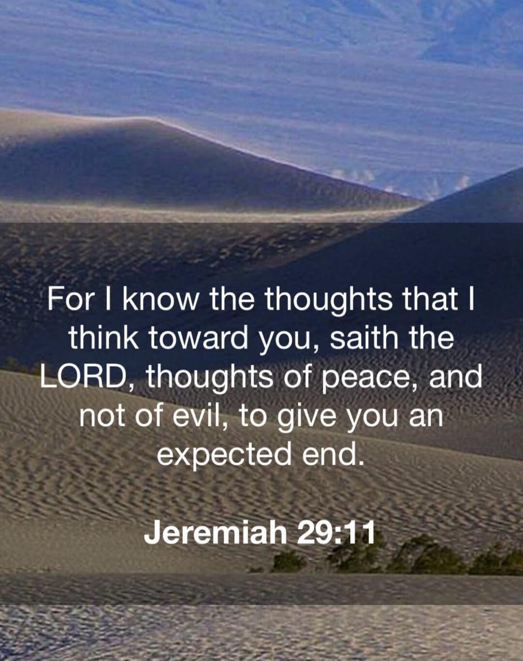 For I know the thoughts that I think toward you, saith the LORD, thoughts of peace, and not of evil, to give you an expected end. Jeremiah 29:11