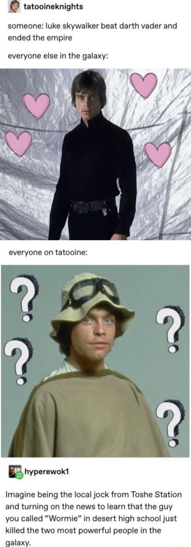 tatooineknights
someone: luke skywalker beat darth vader and ended the empire
everyone else in the galaxy:
everyone on tatooine:

 Imagine being the local jock from Toshe Station and turning on the news to learn that the guy you called “Wormie” in desert high school just killed the two most powerful people in the galaxy.