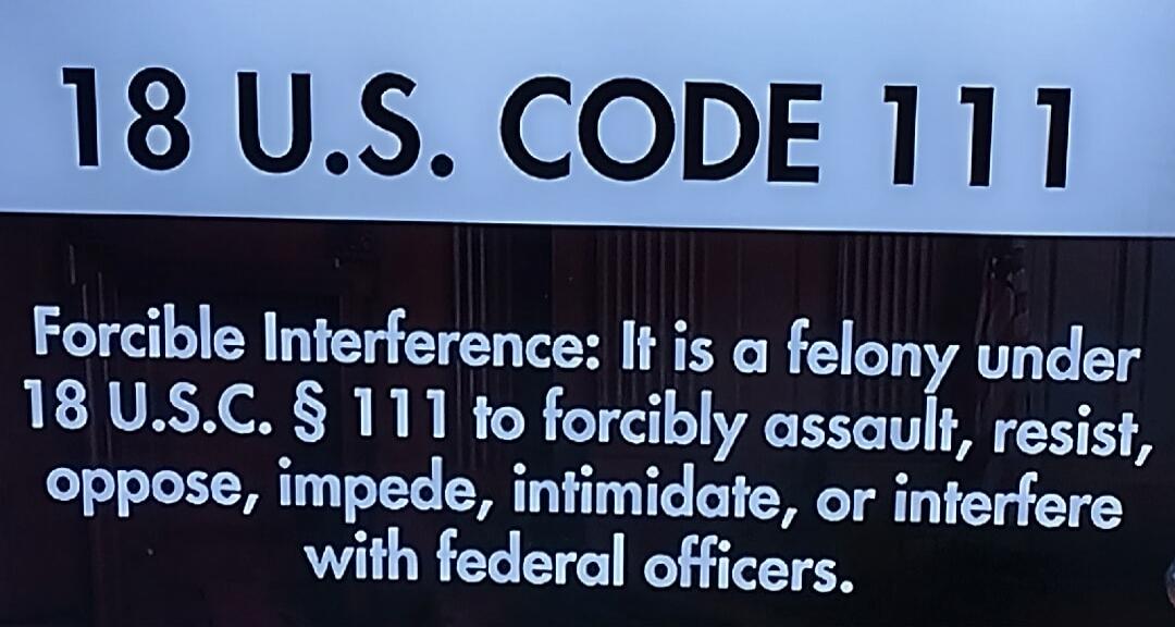 18 U.S. CODE 111 Forcible Interference: It is a felony under 18 U.S.C. § 111 to forcibly assault, resist, oppose, impede, intimidate, or interfere with federal officers. Session ID: 1058037.