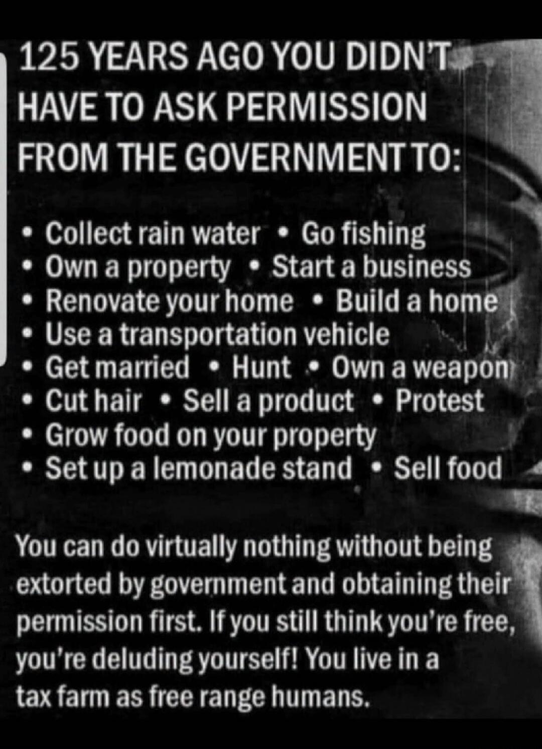 125 YEARS AGO YOU DIDN'T HAVE TO ASK PERMISSION FROM THE GOVERNMENT TO: Collect rain water, Go fishing, Own a property, Start a business, Renovate your home, Build a home, Use a transportation vehicle, Get married, Hunt, Own a weapon, Cut hair, Sell a product, Protest, Grow food on your property, Set up a lemonade stand, Sell food. You can do virtu