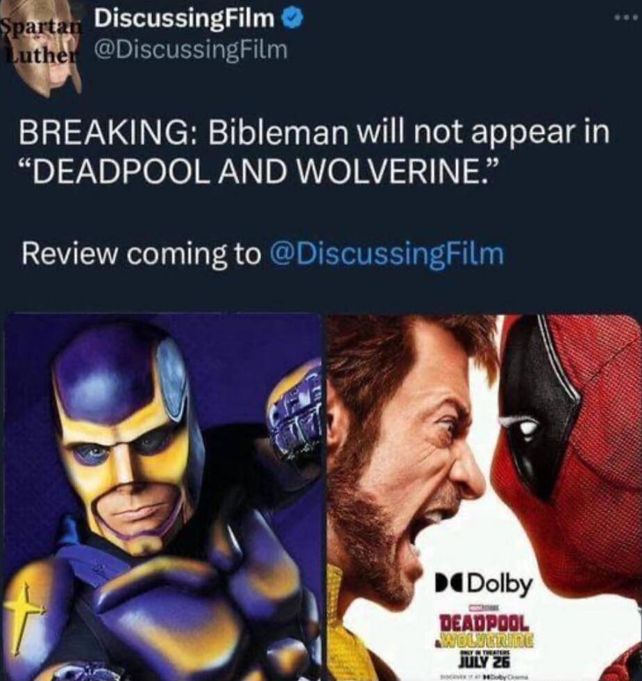 t DiscussingFilm M DiscussingFilm BREAKING Bibleman will not appear in DEADPOOL AND WOLVERINE Review coming to DiscussingFilm PeDolby DEADPOOL