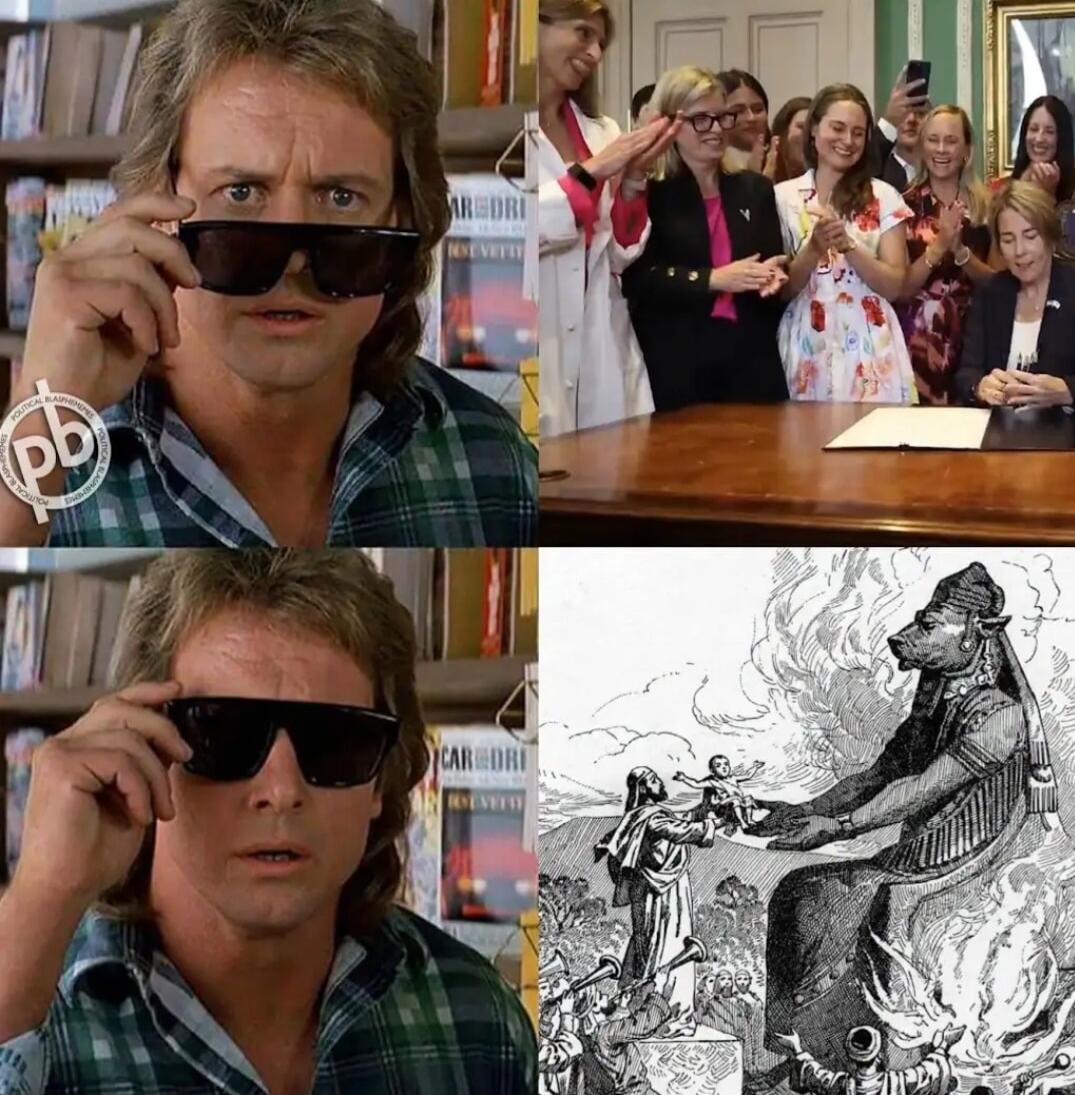 Man with sunglasses looking surprised. A group of women signing a document and clapping. An old illustration of a bull-headed deity (Moloch) receiving a baby for sacrifice, with fire and people playing horns.