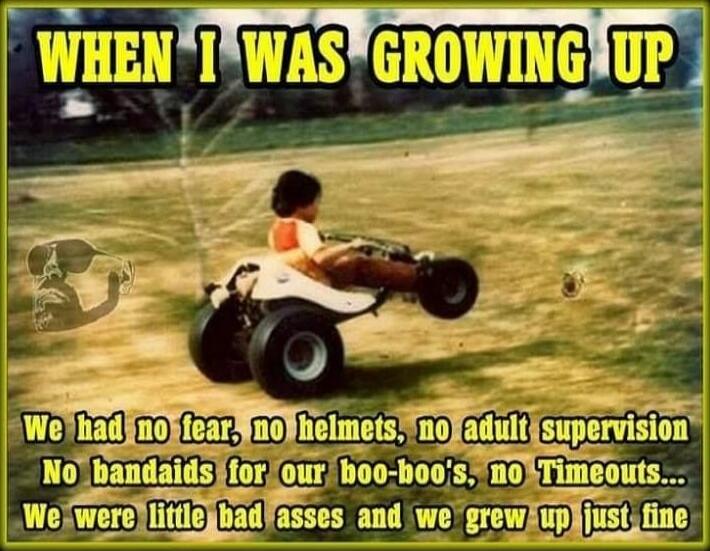 WHEN I WAS GROWING UP
We had no fear, no helmets, no adult supervision
No bandaids for our boo-boos, no Timeouts...
We were little bad asses and we grew up just fine