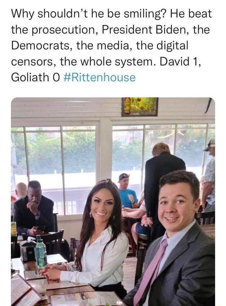 Why shouldnt he be smiling He beat the prosecution President Biden the Democrats the media the digital censors the whole system David 1 Goliath O Rittenhouse