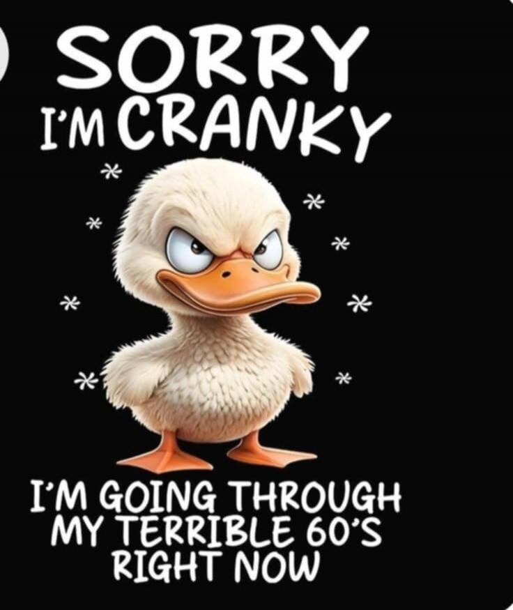 SORRY I'M CRANKY I'M GOING THROUGH MY TERRIBLE 60'S RIGHT NOW