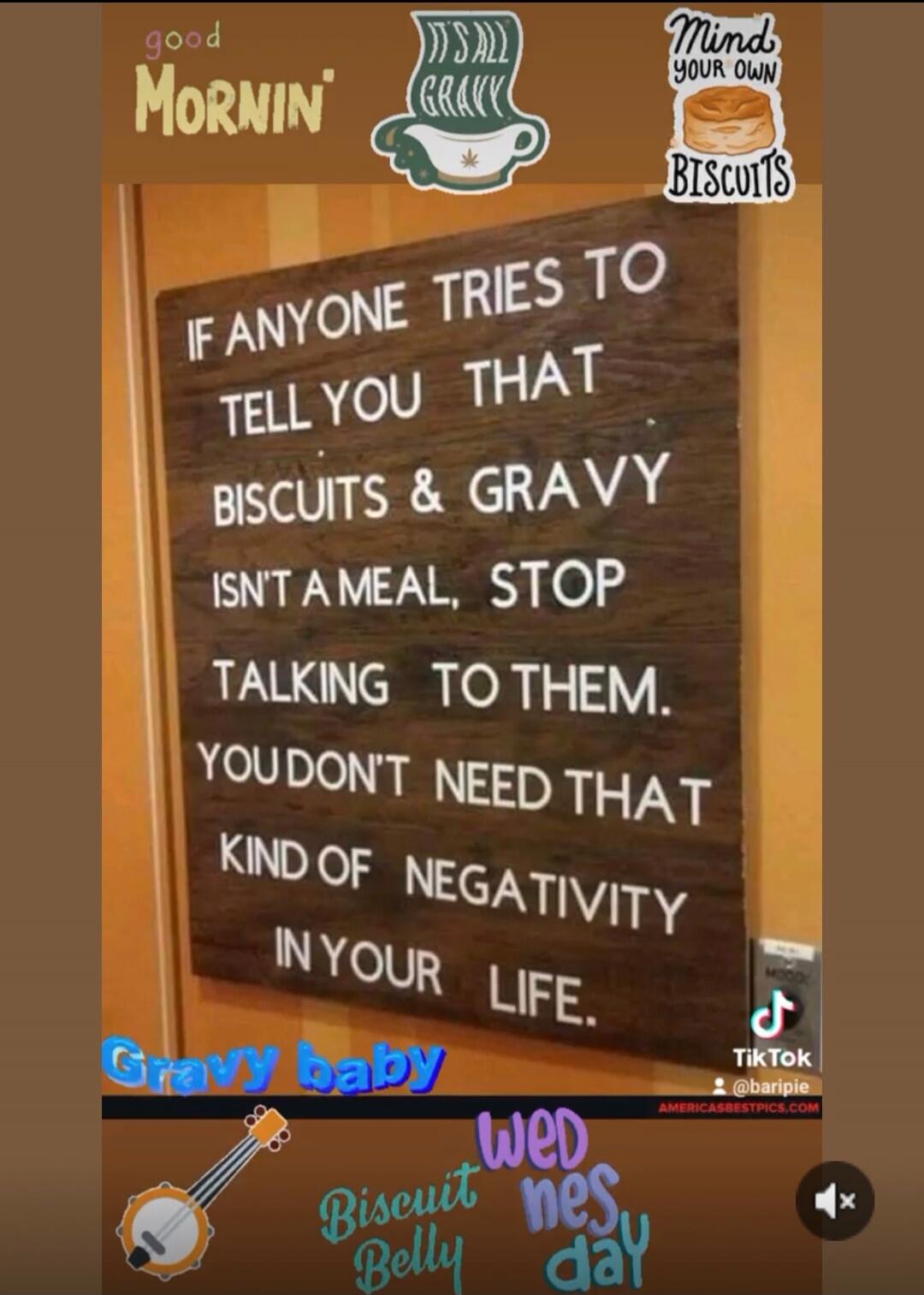 good Mornin' IT'S ALL GRAVY Mind YOUR OWN BISCUITS IF ANYONE TRIES TO TELL YOU THAT BISCUITS & GRAVY ISN'T A MEAL, STOP TALKING TO THEM. YOU DON'T NEED THAT KIND OF NEGATIVITY IN YOUR LIFE. Gravy baby WED Biscuit Belly nes day