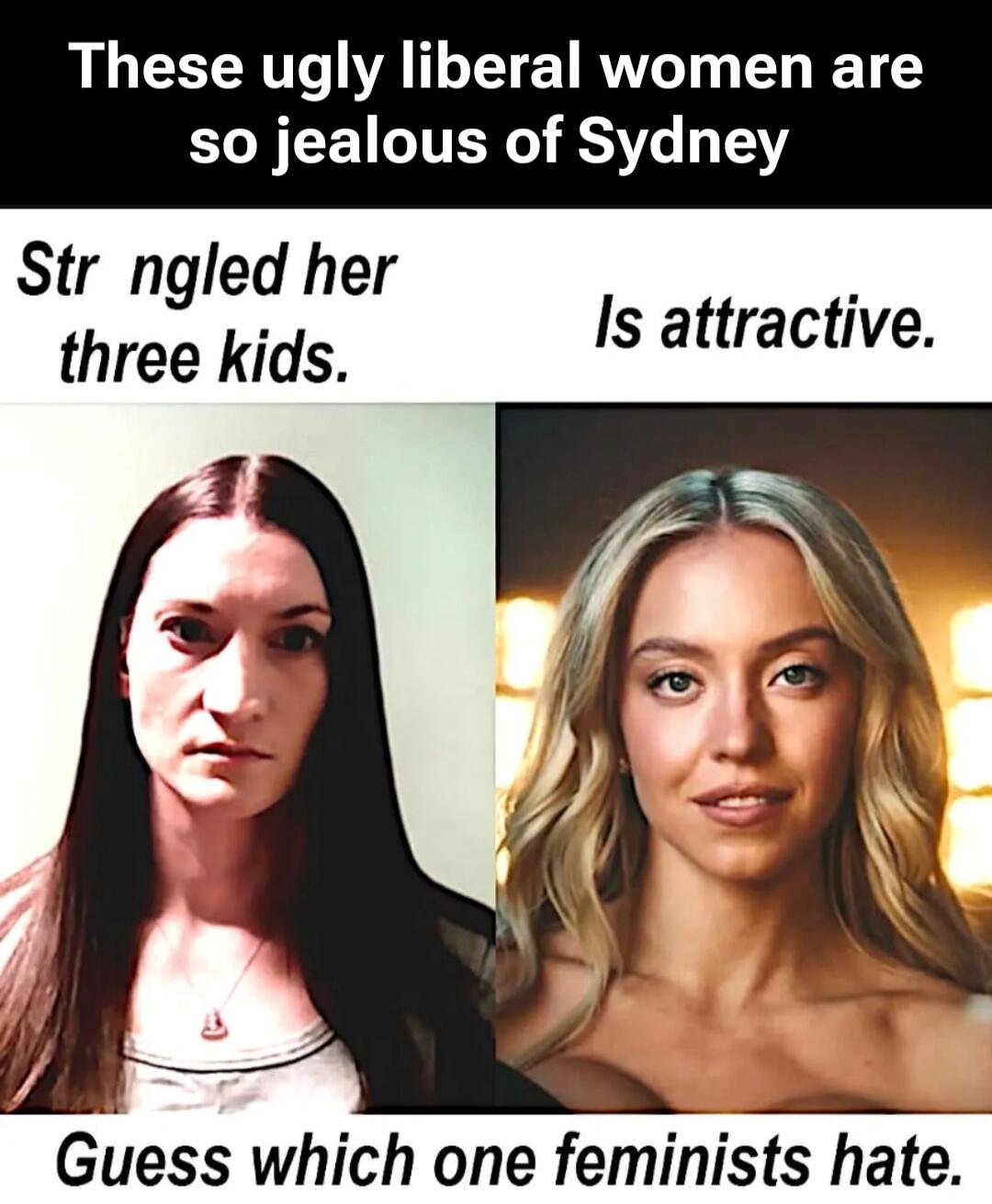 These ugly liberal women are so jealous of Sydney. Strangled her three kids. Is attractive. Guess which one feminists hate.