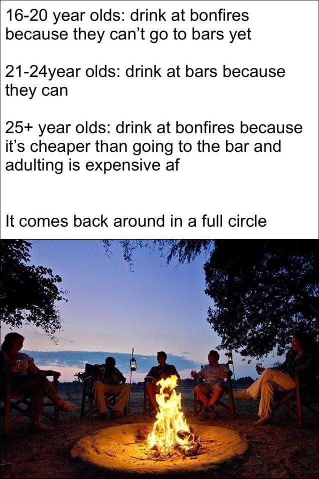 16 20 year olds drink at bonfires because they cant go to bars yet 21 24year olds drink at bars because they can 25 year olds drink at bonfires because its cheaper than going to the bar and adulting is expensive af It comes back around in a full circle