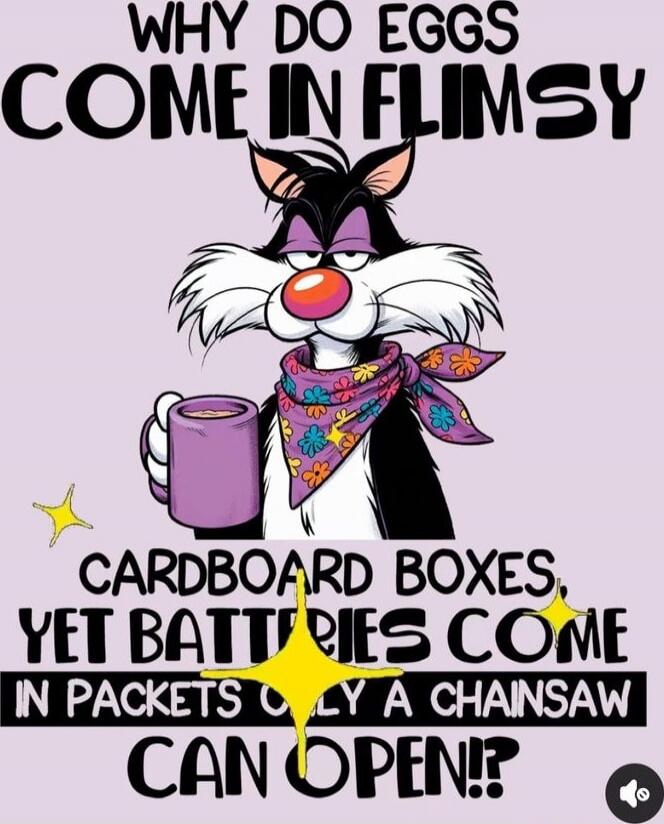 WHY DO EGGS COME IN FLIMSY CARDBOARD BOXES, YET BATTERIES COME IN PACKETS THAT A CHAINSAW CAN OPEN?!