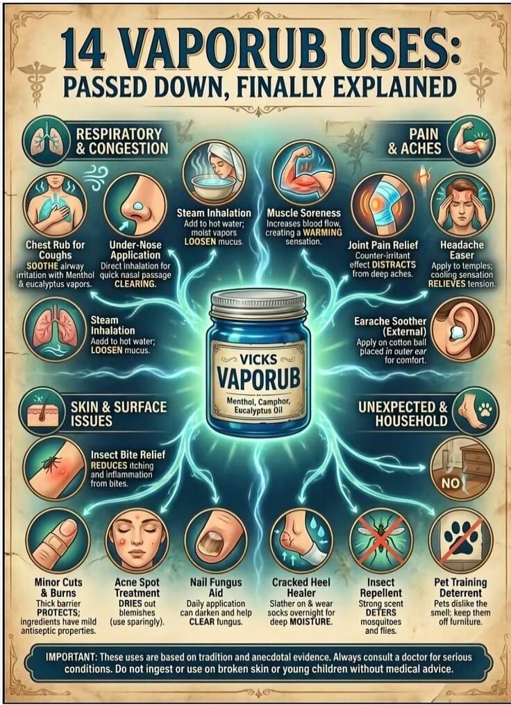 14 VAPORUB USES: PASSED DOWN, FINALLY EXPLAINED

RESIRATORY & CONGESTION: Chest Rub for Coughs; Steam Inhalation; Under-Nose Application (direct inhalation for congestion) 
PAIN & ACHES: Muscle Soreness; Joint Pain Relief; Earache Soother; Headache Easier
SKIN & SURFACE ISSUES: Insect Bite Relief; Minor Cuts; Acne Spot; Nail Fungus; Ringworm? (illu
