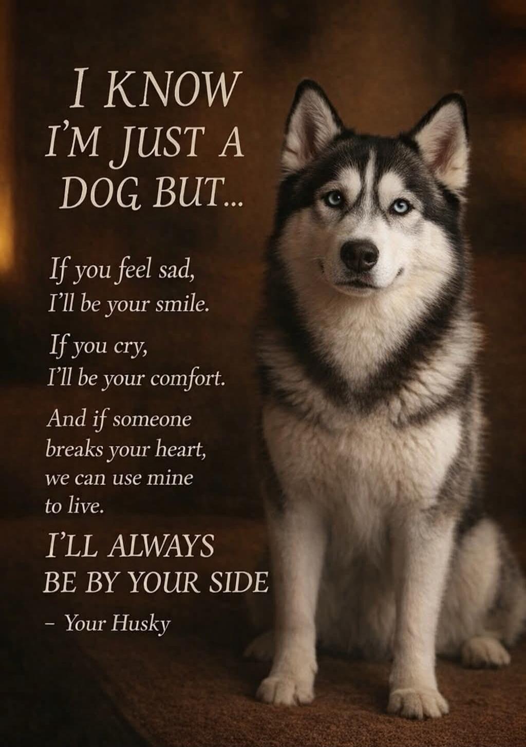 I KNOW I'M JUST A DOG BUT... If you feel sad, I'll be your smile. If you cry, I'll be your comfort. And if someone breaks your heart, we can use mine to live. I'LL ALWAYS BE BY YOUR SIDE - Your Husky