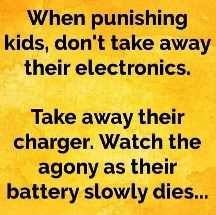 When punishing kids, don't take away their electronics. Take away their charger. Watch the agony as their battery slowly dies...