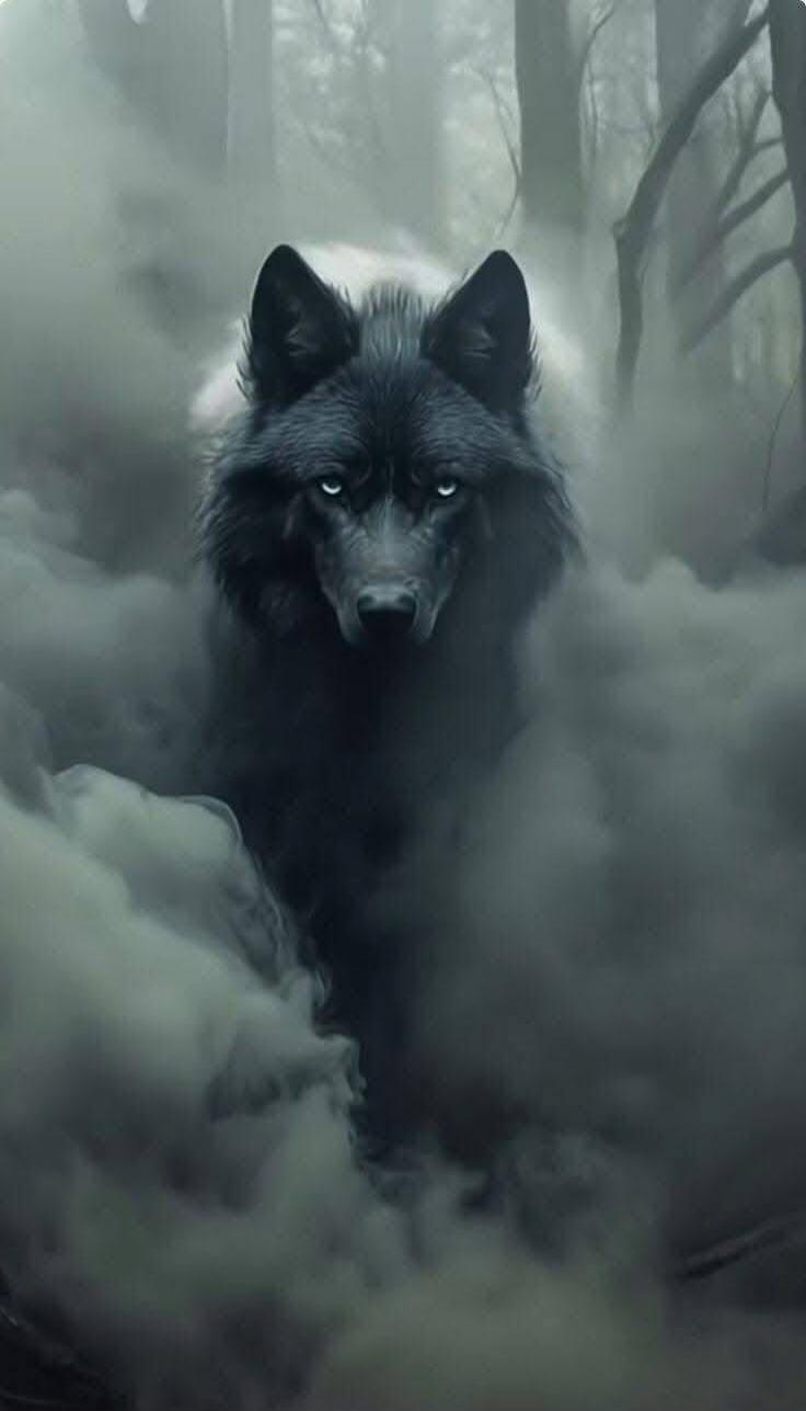 A dark wolf stands in a foggy forest, exuding a mysterious and dramatic presence.