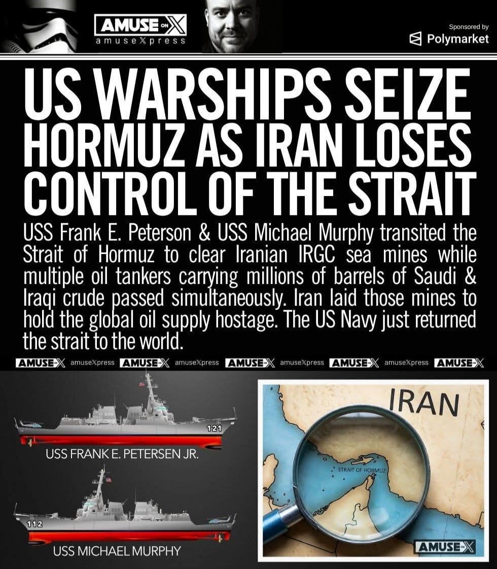US WARSHIPS SEIZE HORMUZ AS IRAN LOSES CONTROL OF THE STRAIT. USS Frank E. Peterson & USS Michael Murphy transited the Strait of Hormuz to clear Iranian IRGC sea mines while multiple oil tankers carrying millions of barrels of Saudi & Iraqi crude passed simultaneously. Iran laid those mines to hold the global oil supply hostage. The US Navy just re