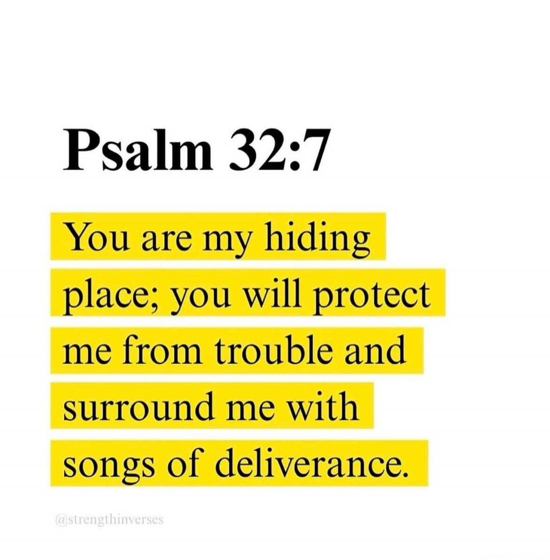 Psalm 32:7 You are my hiding place; you will protect me from trouble and surround me with songs of deliverance. @strengthinverses