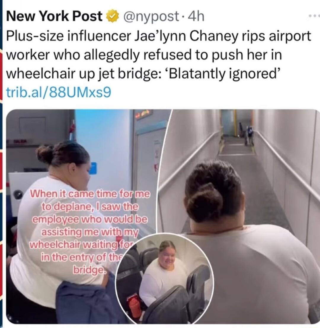 New York Post i nypost 4h Plus size influencer Jaelynn Chaney rips airport worker who allegedly refused to push her in wheelchair up jet bridge Blatantly ignored l tribal88UMxs9