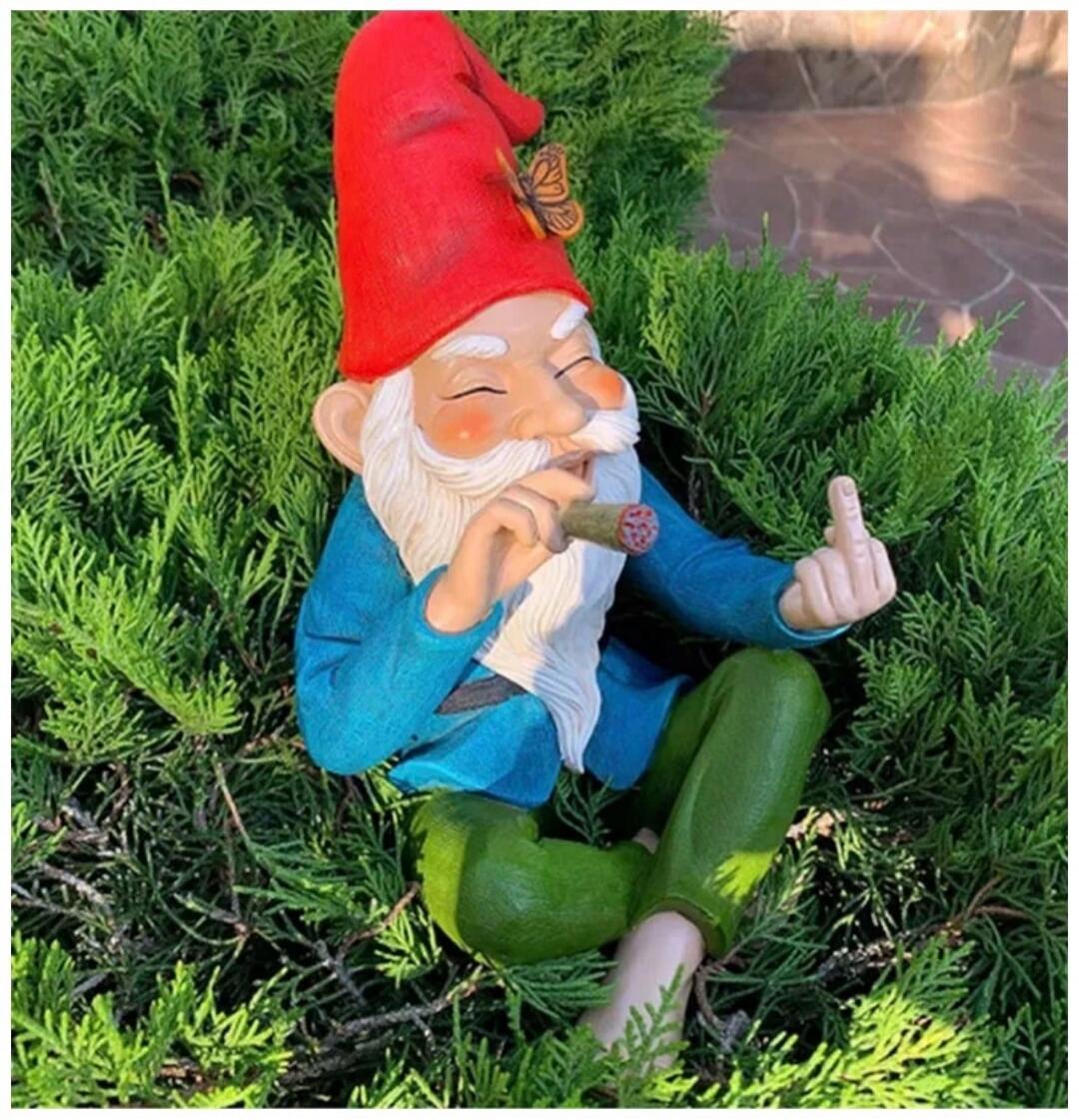 A garden gnome statue sitting among bushes, wearing a red hat and blue shirt, smoking a pipe and giving the middle finger.