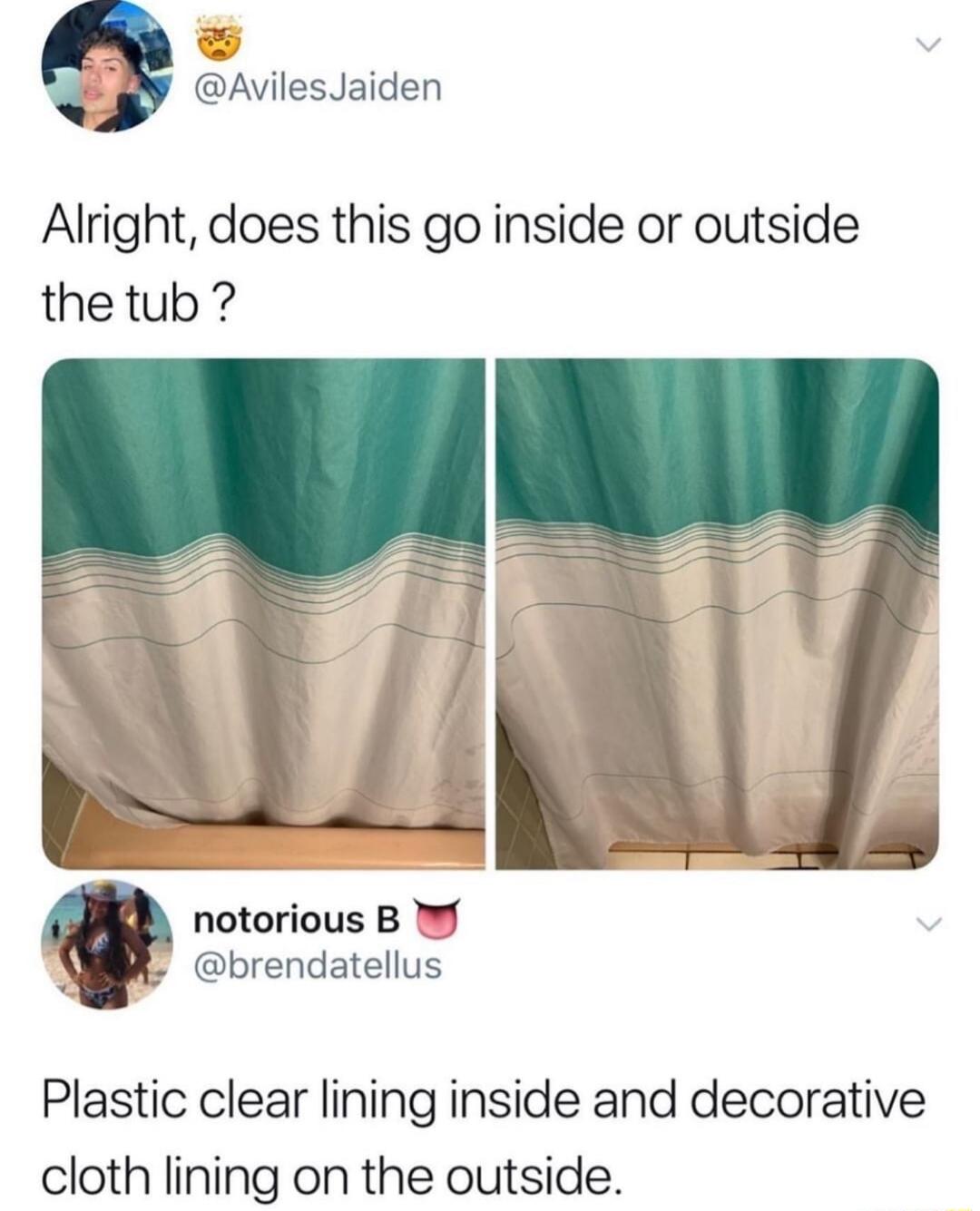 AvilesJaiden Alright does this go inside or outside thetub notorious B MY Q brendatellus Plastic clear lining inside and decorative cloth lining on the outside