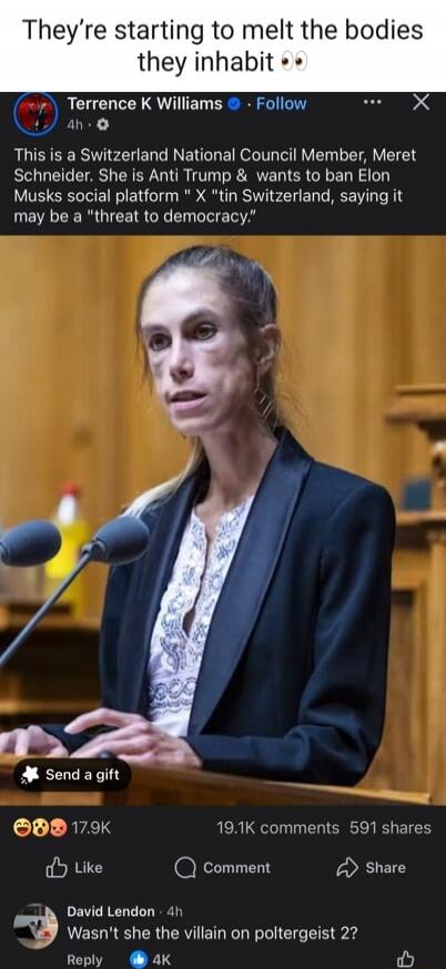They're starting to melt the bodies they inhabit 👀

This is a Switzerland National Council Member, Meret Schneider. She is Anti Trump & wants to ban Elon Musk's social platform 