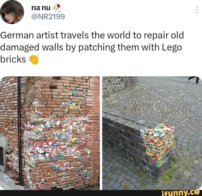 NR2199 German artist travels the world to repair old damaged walls by patching them with Lego