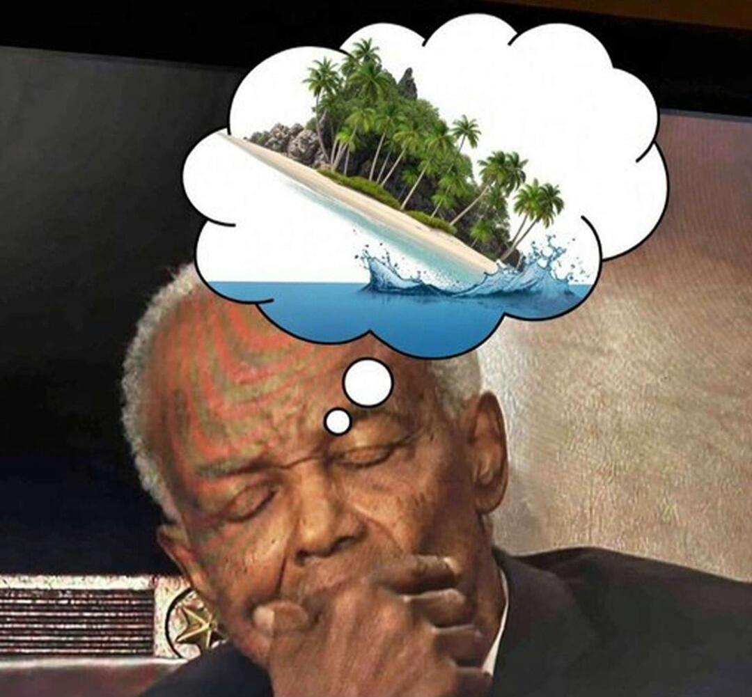 The image shows a man with his eyes closed, appearing to be deep in thought, with a thought bubble containing a tropical island scene.