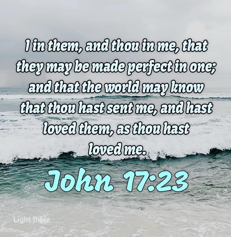 I in them, and thou in me, that they may be made perfect in one; and that the world may know that thou hast sent me, and hast loved them, as thou hast loved me. John 17:23 Light Bible