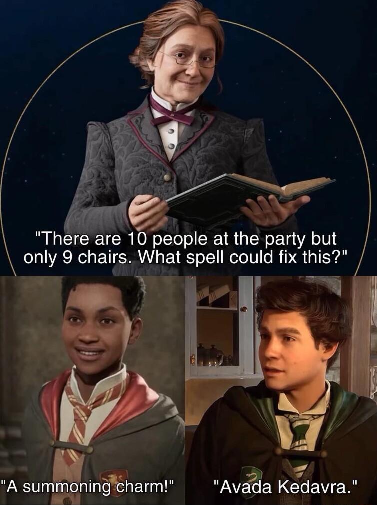 X o There are 10 people at the party but only 9 chailrs What spell could fix this A suminham b 4 Avada Kedavra